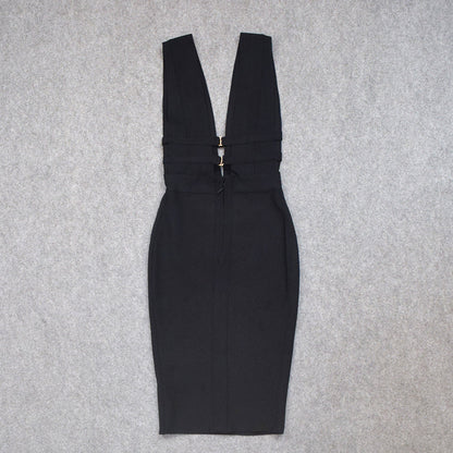 Dam Midi Klänning V-ringad Smal Nylon med Utskärningar-5