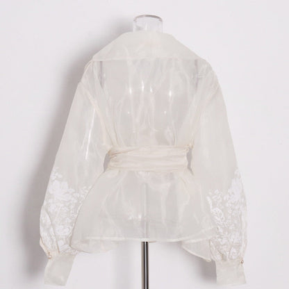 Vit Blus Dam med Blommönster och Lykta Ärmar i Polyester-3