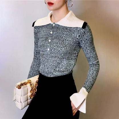 Dam Blus Geometrisk Stil Klockhylsor Bomullsblandning-2
