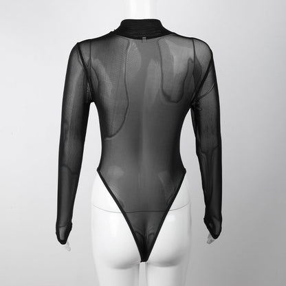 Bodysuit Dam Transparent Långärmad Spandex med Dragkedja och Stativkrage-4