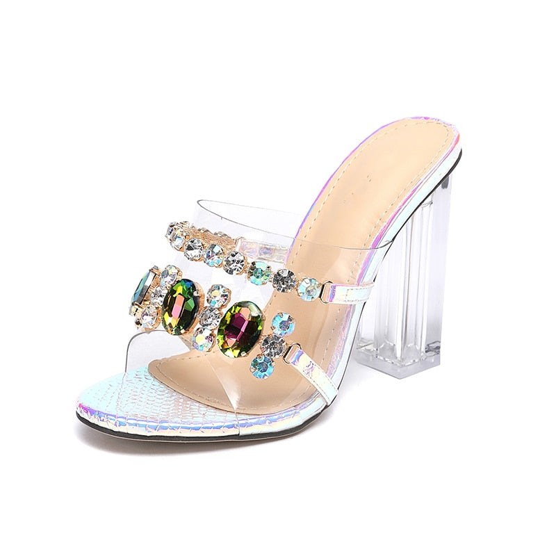 Dam Sandal med Fyrkantig Klack – PVC med Glittrande Detaljer, Mycket Hög Klack 11 cm, Gummi Yttersula 8