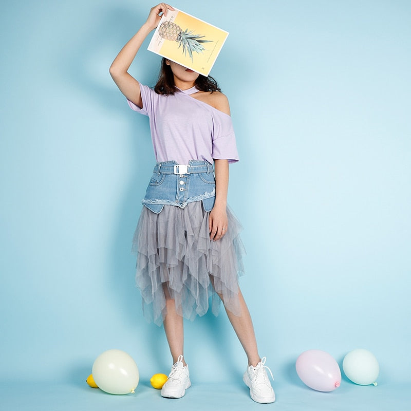 Dam Minikjol Asymmetrisk Denim Polyester-2