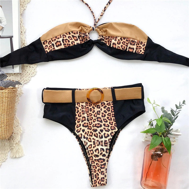 Damernas Bikini Set Leopardmönstrad Bandeau Halter Polyester Lycra-1