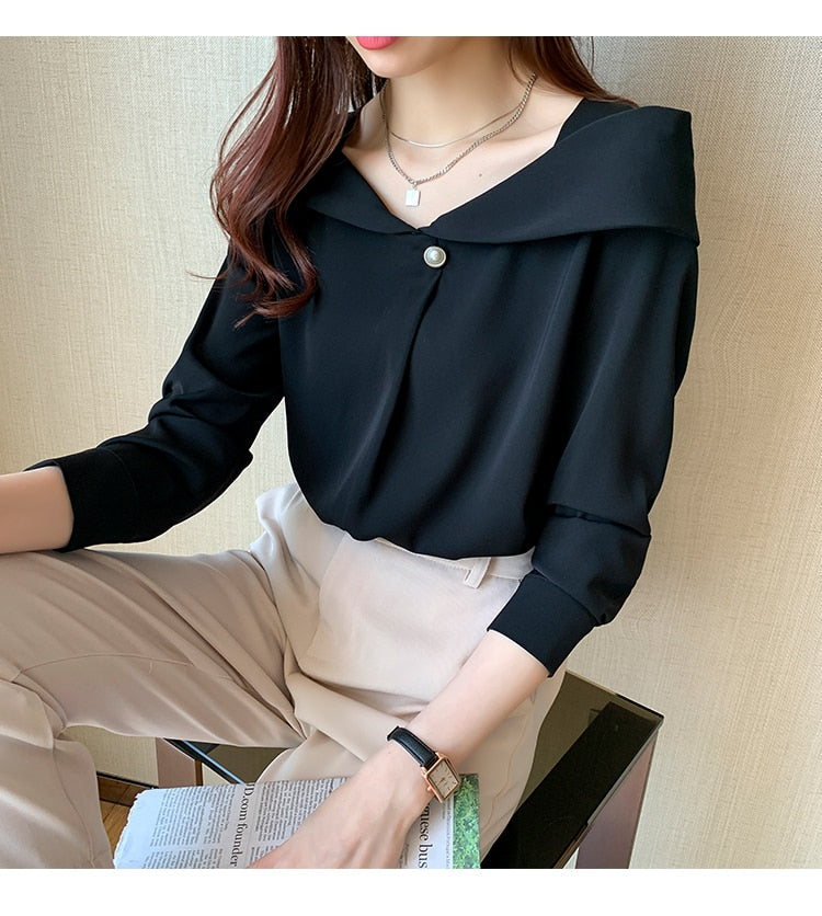 Vit Dam Blus Lång Ärme Chiffon Normal Passform-5