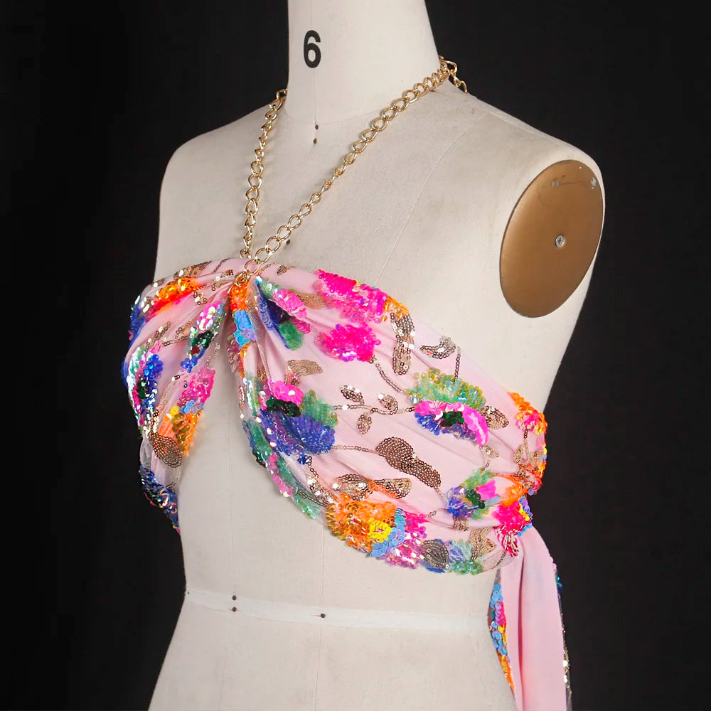 Dam Crop Top Blommönster med Paljetter Polyester-6