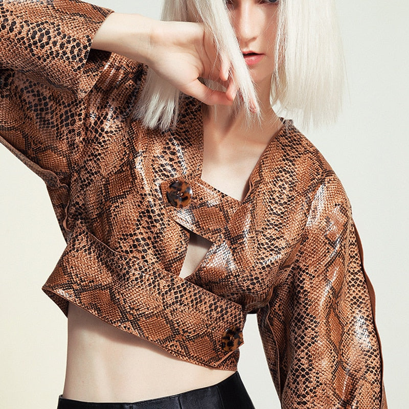 Dam Blus Långärmad V-Neck Ormmönster Bomull Polyester-4