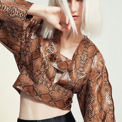 Dam Blus Långärmad V-Neck Ormmönster Bomull Polyester-4