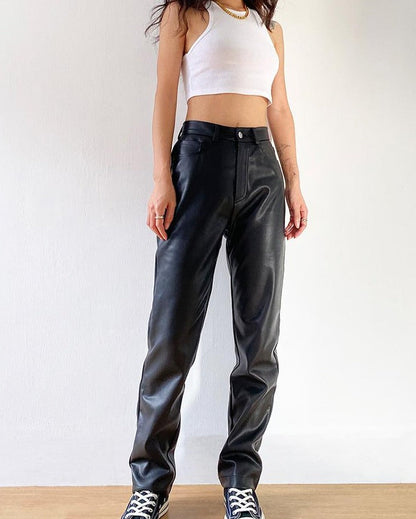 Snygga Byxor Dam Högskurna Syntetiskt Läder-5