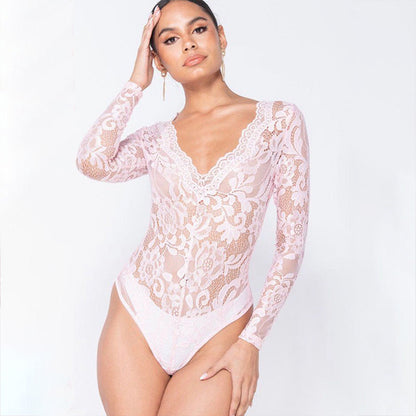 Dam Bodysuit Långärmad Blommönster V-hals Polyester-4