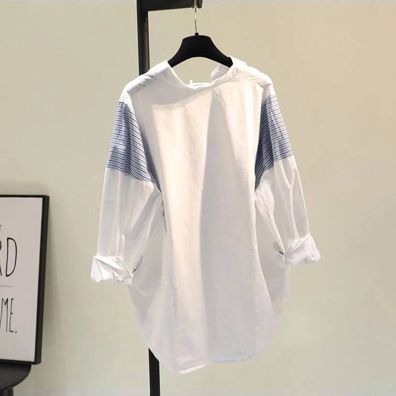 Dam Långärmad T-shirt Patchwork Mjuk Bomullsblandning-3