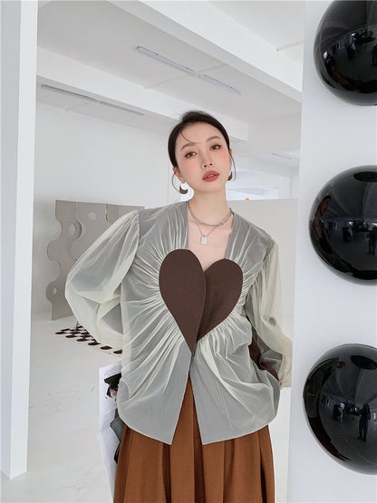 Dam Blazer V-ringning Polyester Hjärtmotiv Urban Stil-4