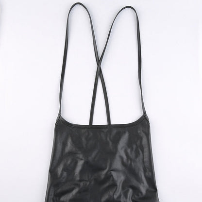 Kvinnors Miniklänning Spaghetti Band PU-Läder Midi-5