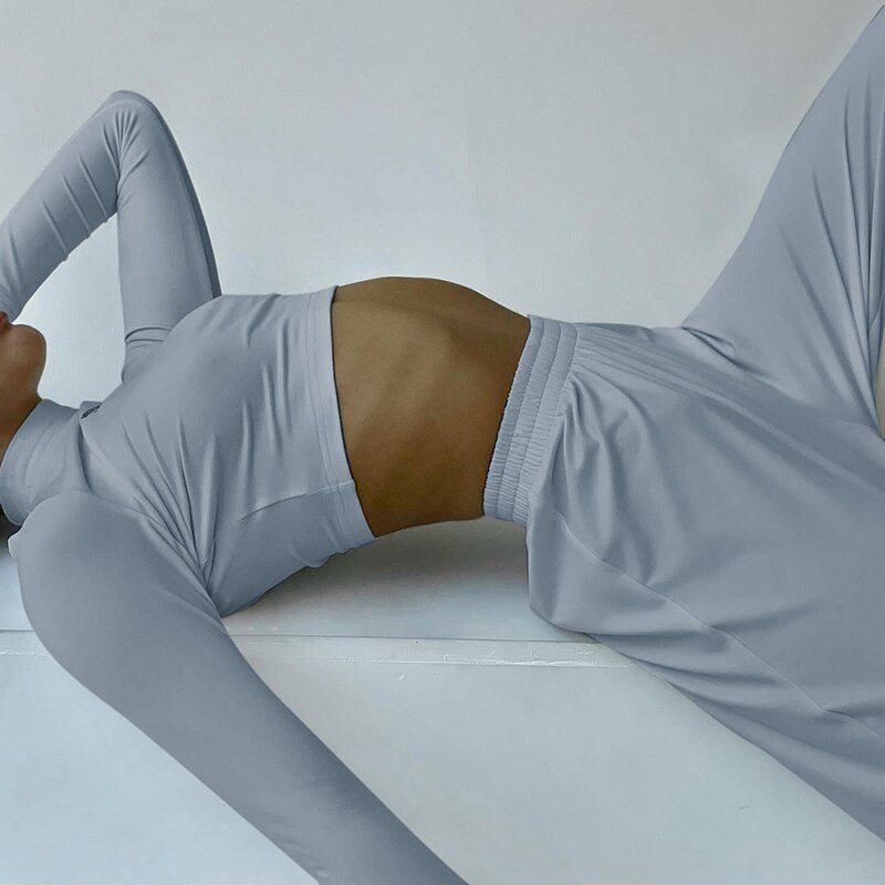 Dam Set Långärmad Topp Palazzo Byxor Stretchigt Material-2