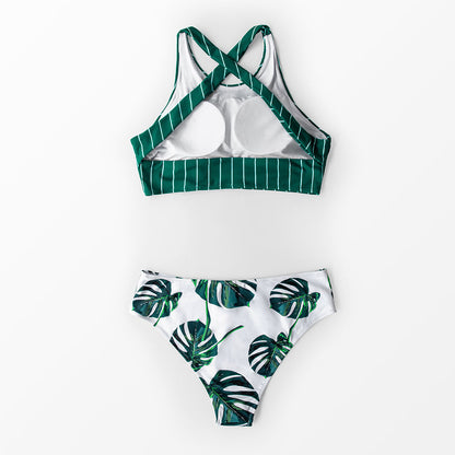 Dams Tvådelad Bikini Randig Bladformad Design Spandex-2
