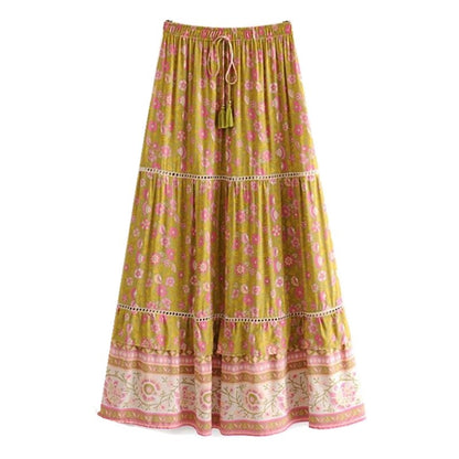 Dam Blommig Tvådelad Set Skördetopp och Maxirock Polyester Sommarkläder-5