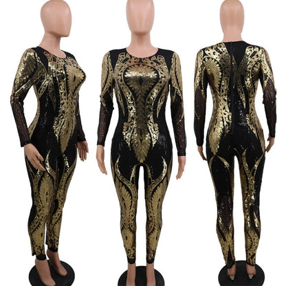 Kvinnors Jumpsuit Geometriskt Mönster Acetat med Rundhals och Paljetter 2