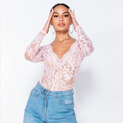 Dam Bodysuit Långärmad Blommönster V-hals Polyester-5