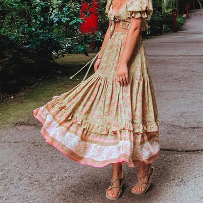 Dam Blommig Tvådelad Set Skördetopp och Maxirock Polyester Sommarkläder-1