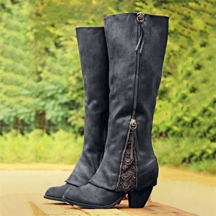 Variant image for Dam Höga Klackstövlar Vintage Chunky Heel Läder-1