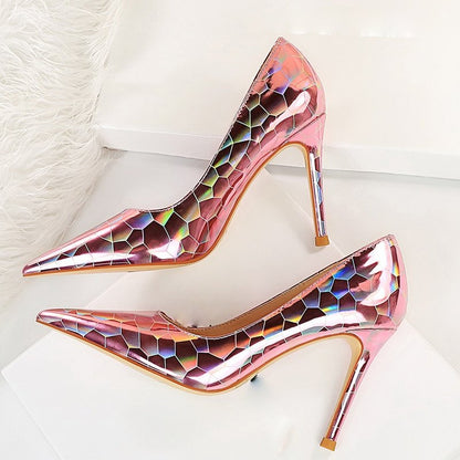 Dam Pumpskor Geometrisk Design Lackläder Hög Klack-4