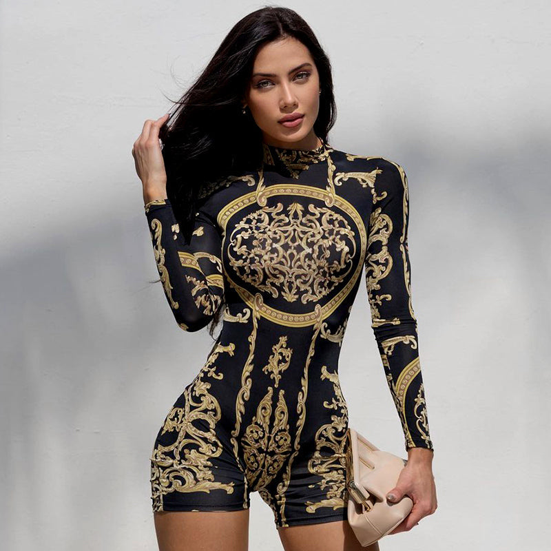 Kvinnors Jumpsuit Kort Byxlängd Långa Ärmar Polyester Trendigt Tryck-2