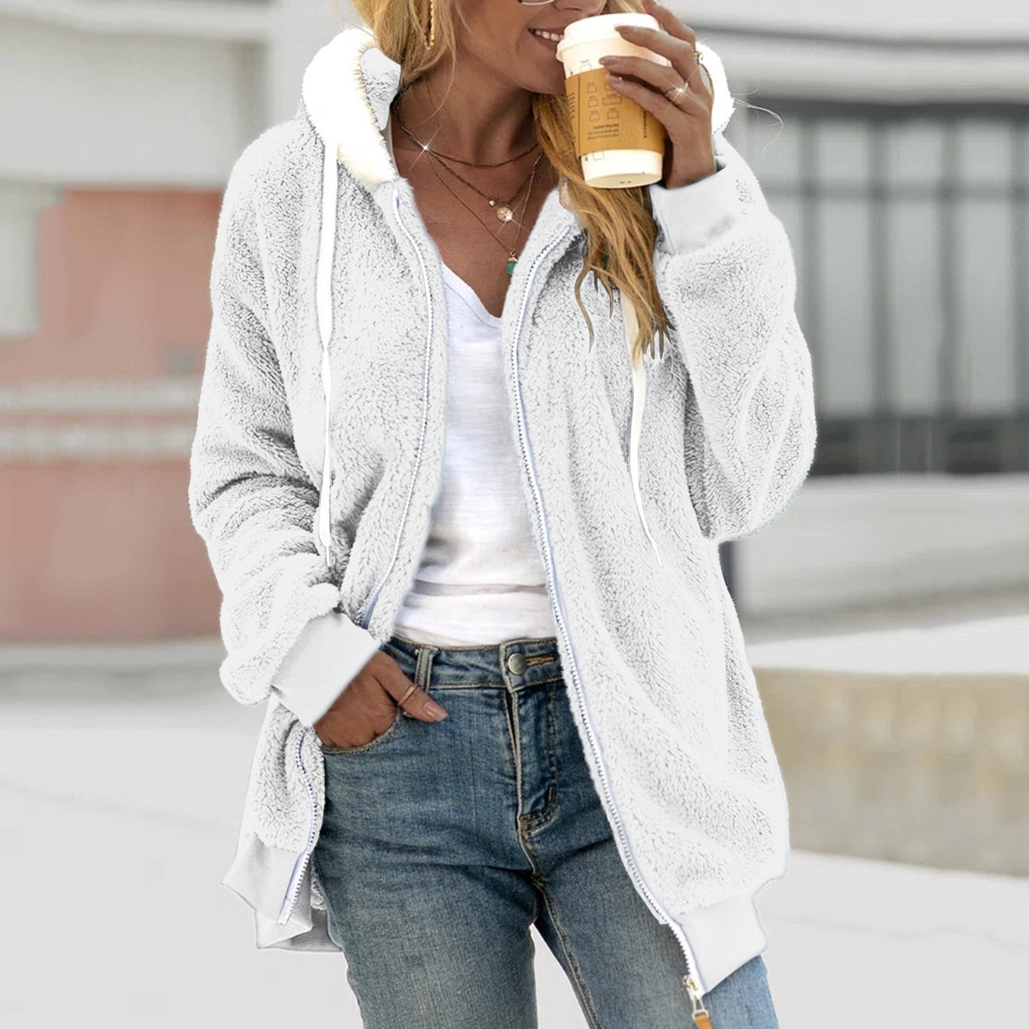 Överdimensionerad Damjacka i Sherpa-Fleece med Modern Design – Varm och Trendig Huvjacka för Kalla Dagar 3