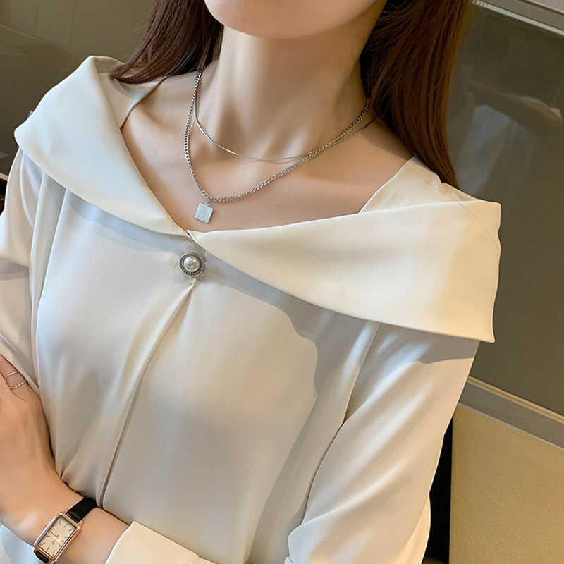 Vit Dam Blus Lång Ärme Chiffon Normal Passform-6