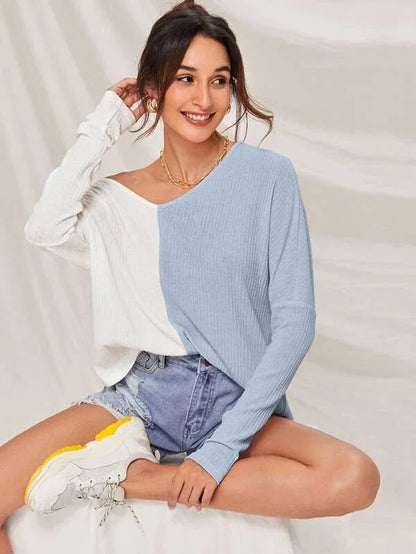 Variant image for Dam Tröja V-ringning Kontrastfärg Ribbad Material Högkvalitativt Tyg-17