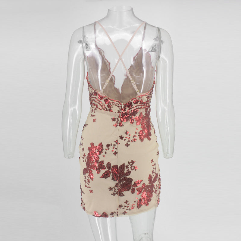 Dam Glittrig Miniklänning med V-hals och Spaghettiband i Polyester och Spandex-5