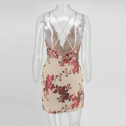 Dam Glittrig Miniklänning med V-hals och Spaghettiband i Polyester och Spandex-5