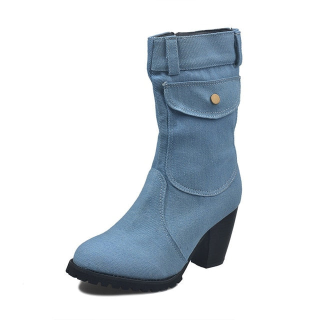 Kvinnors Fotledsskor i Denim med Spetsig Tå och Hög Klack – Elegant Design med Blixtlås och Fyrkantiga Detaljer 5