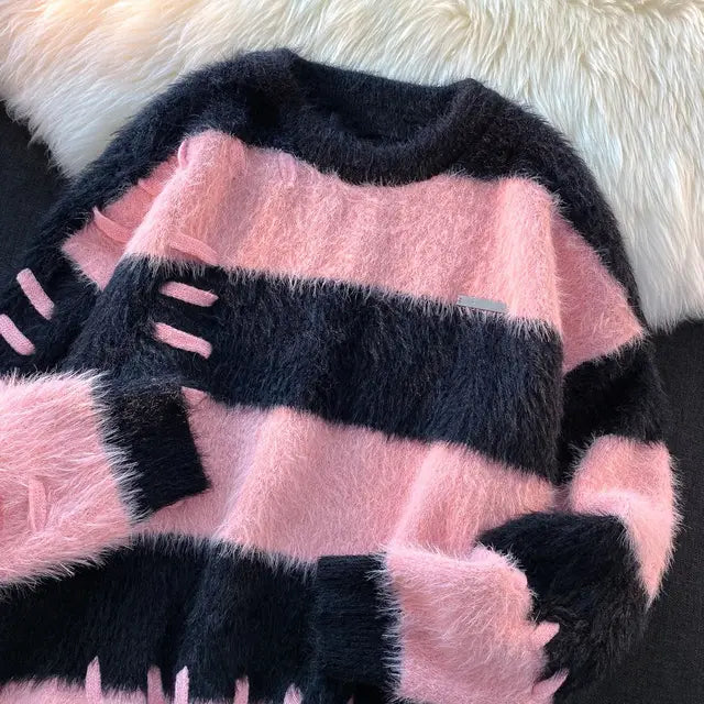 Dam Tröja Fluffig Mohair med Ränder Avslappnad Passform-4