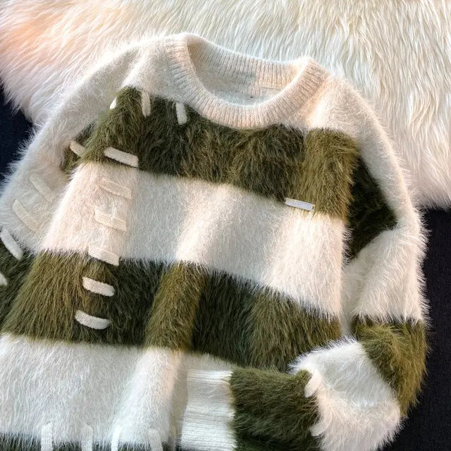 Dam Tröja Fluffig Mohair med Ränder Avslappnad Passform-6