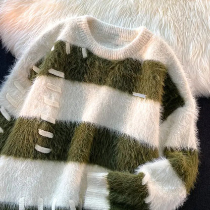 Dam Tröja Fluffig Mohair med Ränder Avslappnad Passform-6