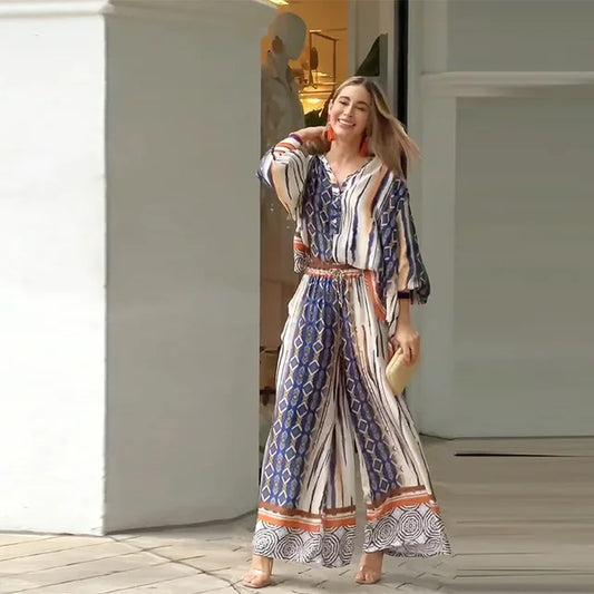 Dam Etnisk Uppsättning Topp och Bredbyxor Polyester-1