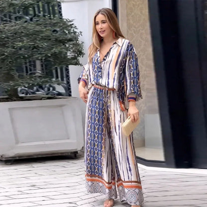 Dam Etnisk Uppsättning Topp och Bredbyxor Polyester-5