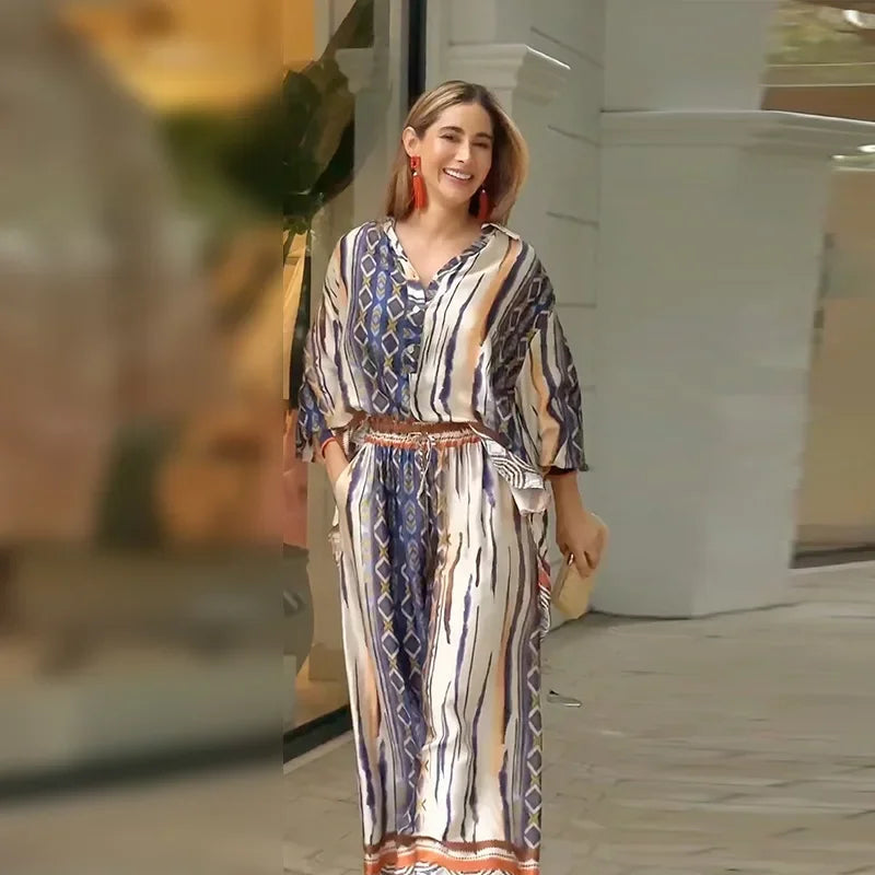 Dam Etnisk Uppsättning Topp och Bredbyxor Polyester-3