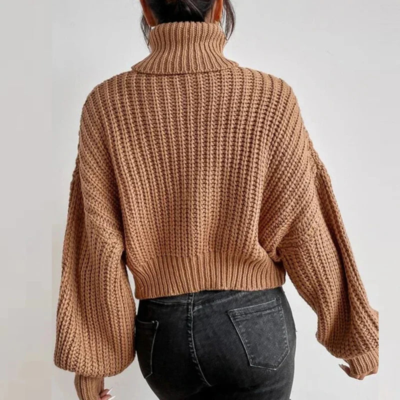 Dam Stickad Turtleneck Tröja Mjuk Andningsbar-3