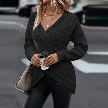 Långärmad Dam Tröja med Criss-Cross V-ringning i Mjuk Material – Perfekt för Höst och Vinter 5