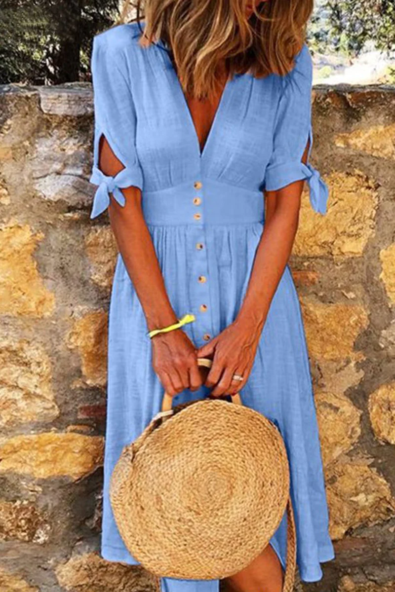 Dam Fritidsklänning V-hals Lätt Material Spännstängning-4