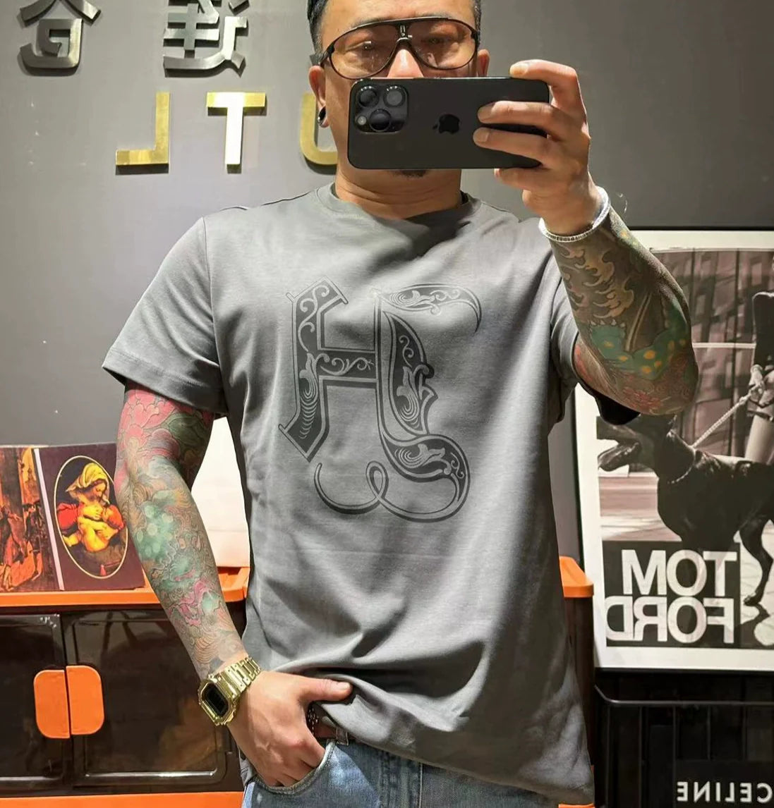 Herr T-shirt Rund Hals Kvalitets Bomull Normal Passform 0