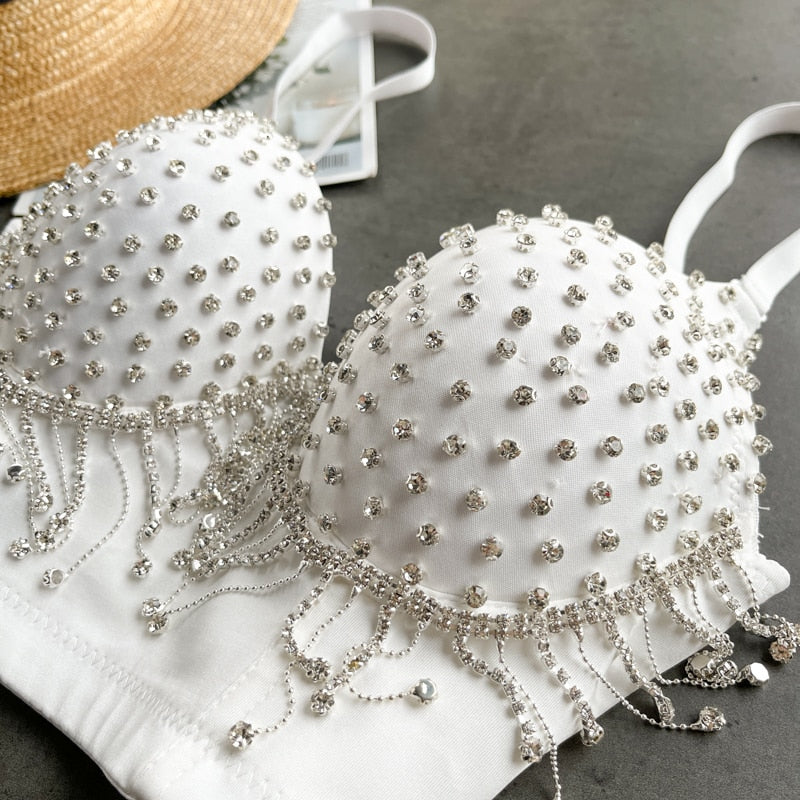 Kvinnors Festtopp Spaghetti Band Polyester med Strass och Tofsar-5
