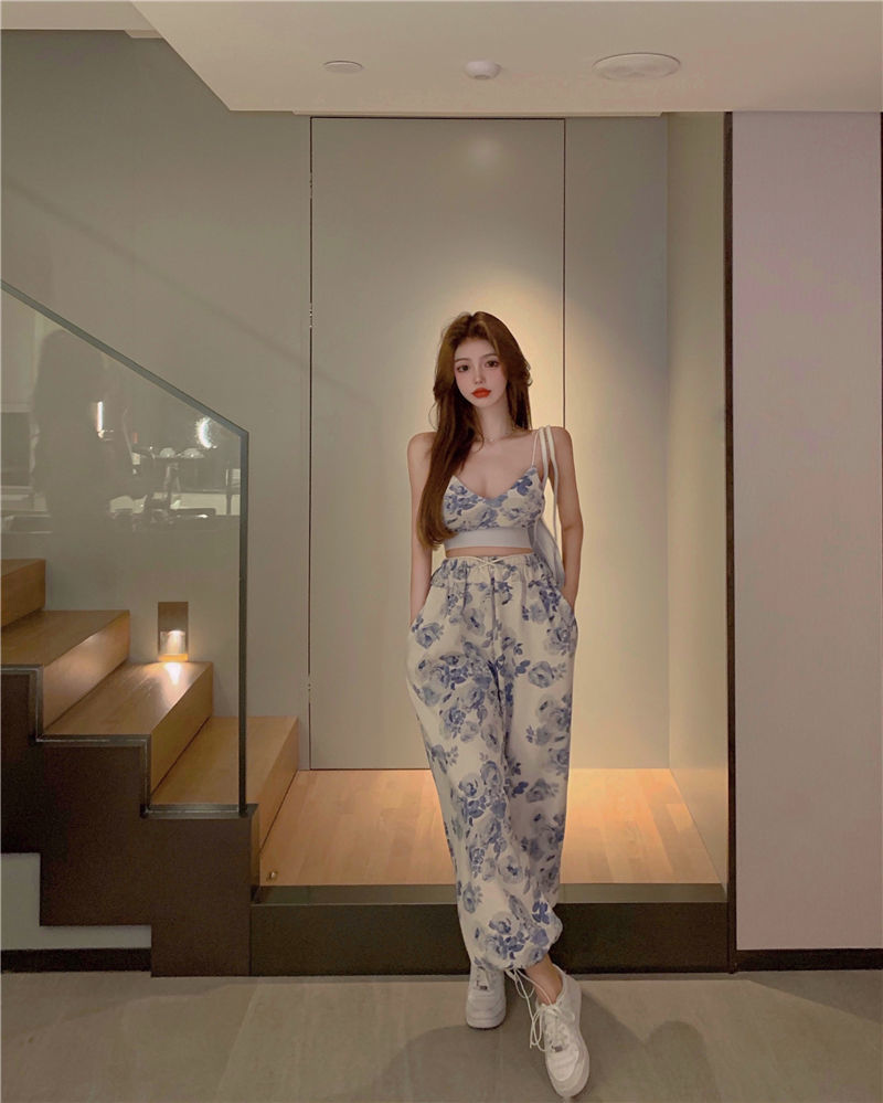 Dam Byxor Hög Midja Blommönster Polyester Sommarkläder-4