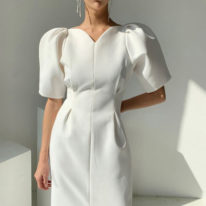 Kvinna MIDI Klänning V-ringning Polyester Korta Puffärmar 3