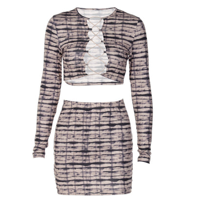 Kvinnors Set med Skördetopp och Minikjol i Spandex med Geometriskt Mönster – Perfekt för Fest och Avslappnade Tillfällen 5