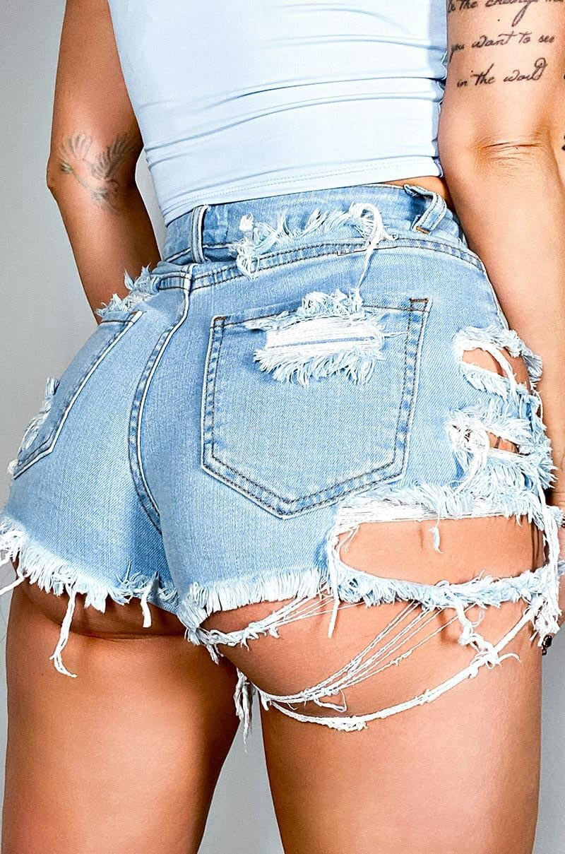 Dam Denimshorts Hög Midja Trendiga Sprickdetaljer Bomull-2