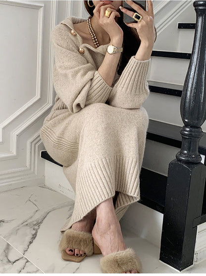 Kvinnors Midi Klänning Turtleneck Spandex Bomull-3