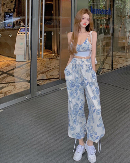 Dam Byxor Hög Midja Blommönster Polyester Sommarkläder-6