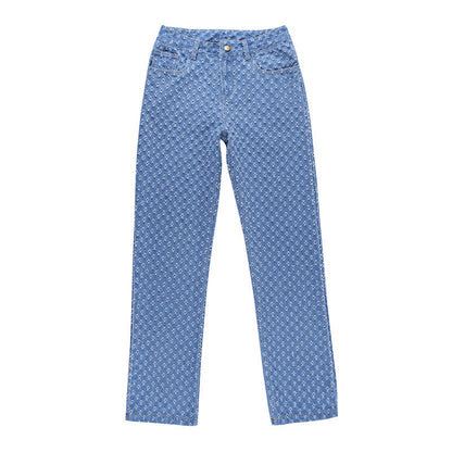 Dam Jeans med Raka Ben och Geometriskt Mönster i Bomull och Polyester – Casual Stil, Falsk Denim 5