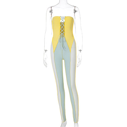 Dam Jumpsuit Trefärgad Snörning Polyester Spandex-3